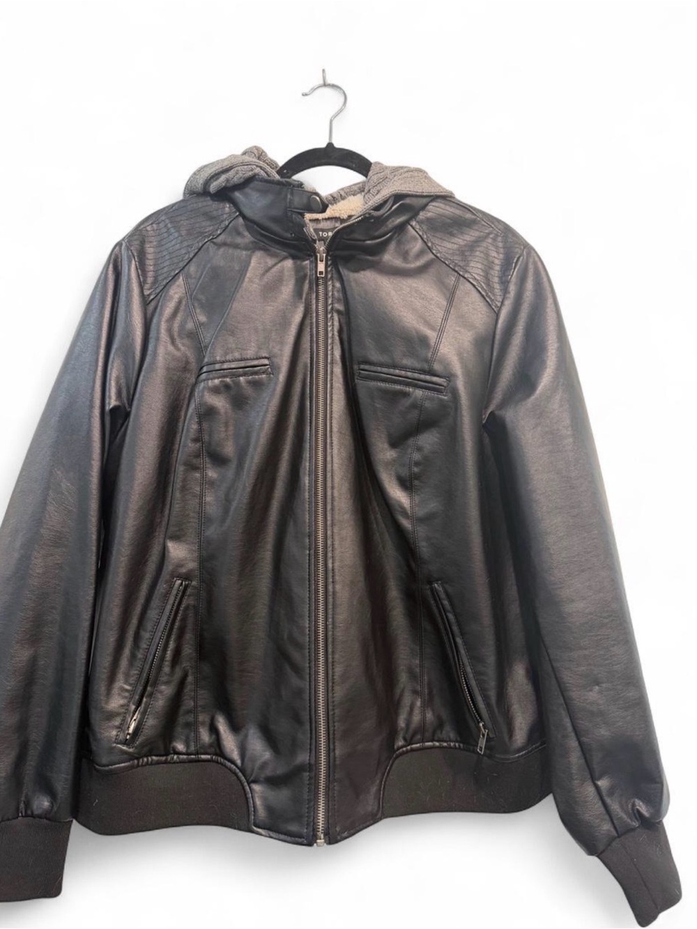 Black Mixed Media Hooded Moto Jacket